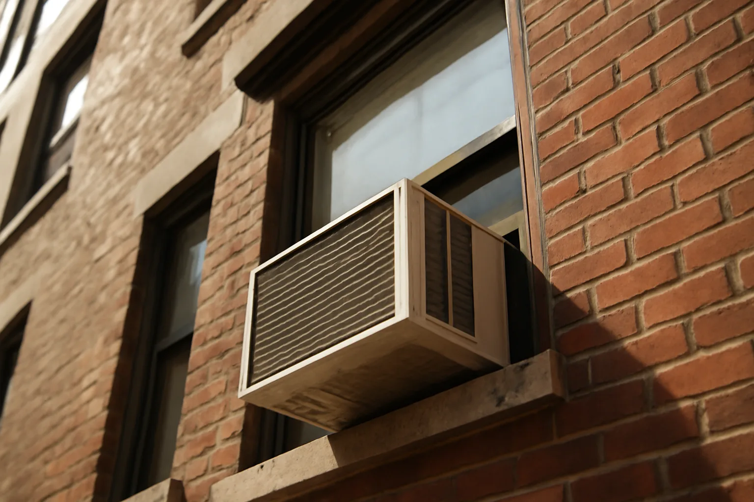Window air conditioner installed in a NYC apartment building facade in summer