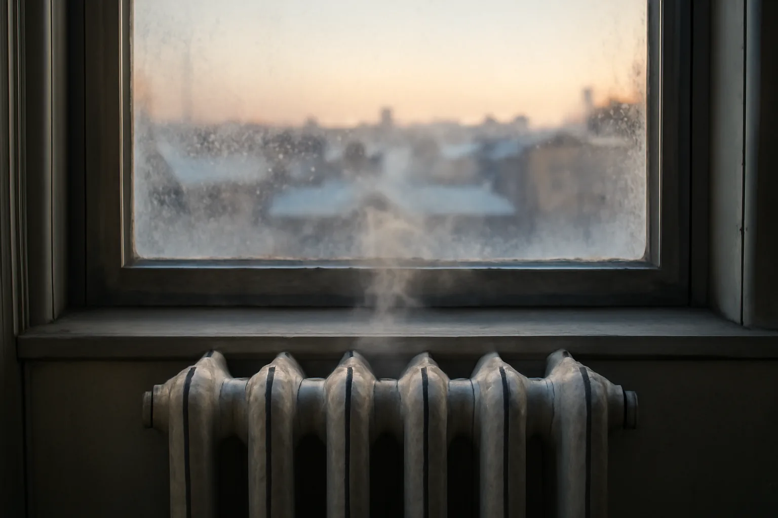 Steam rising from an apartment radiator by a frosted window in winter