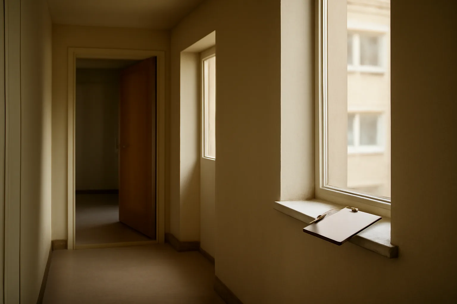 Open apartment door in a hallway during a daytime rental inspection visit