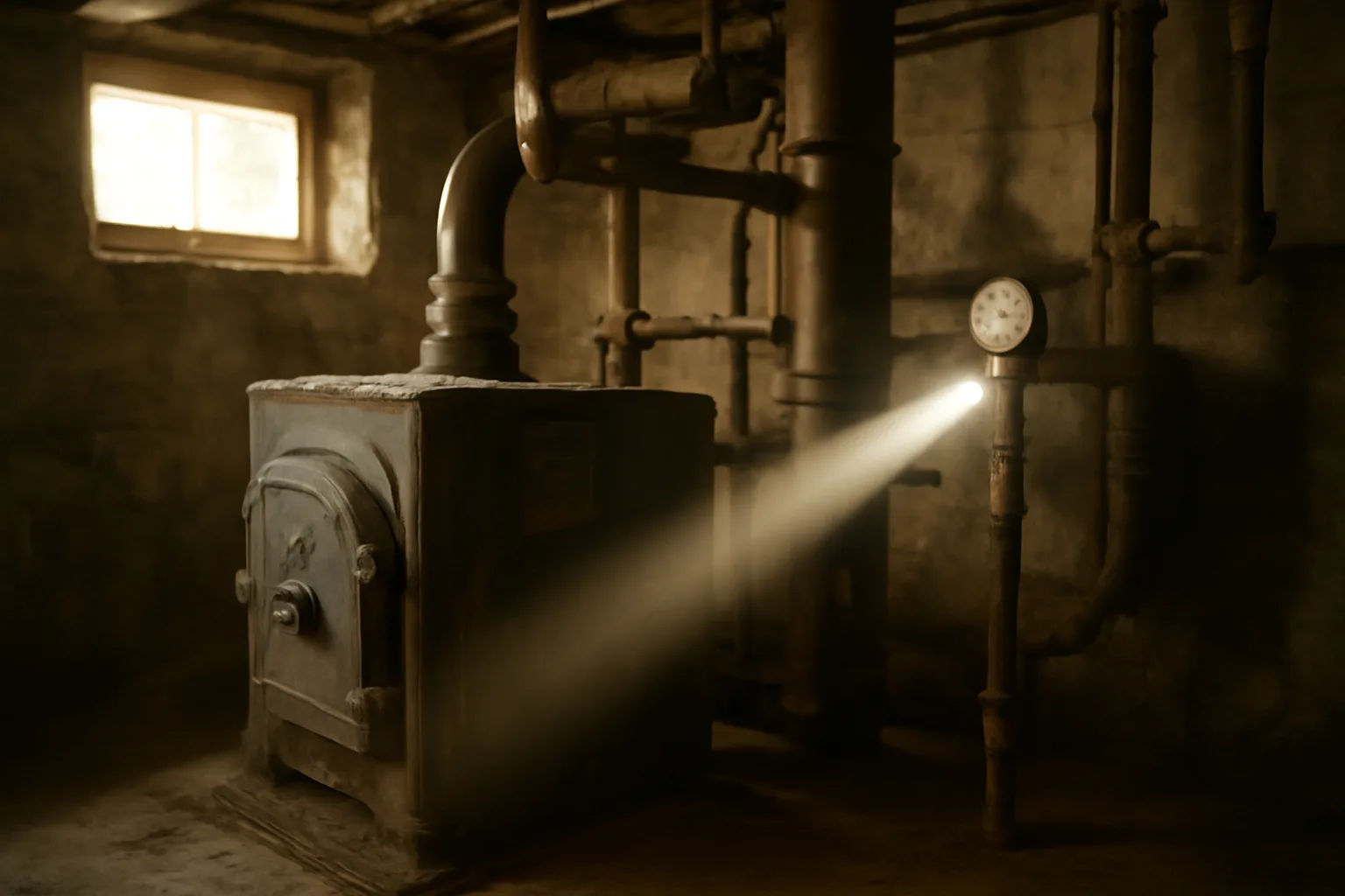 Inspector examining an aging basement boiler and pressure gauge in a rental building