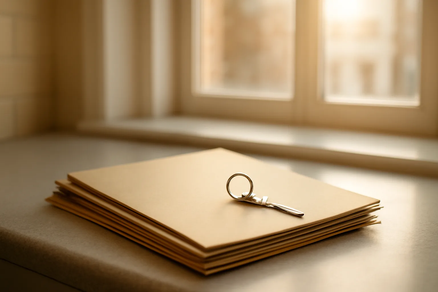 Keys and folders on a kitchen counter in a sunlit rental apartment