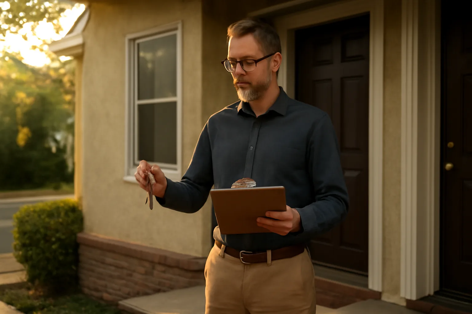 Landlord standing at a rental property door holding a clipboard during a notice period