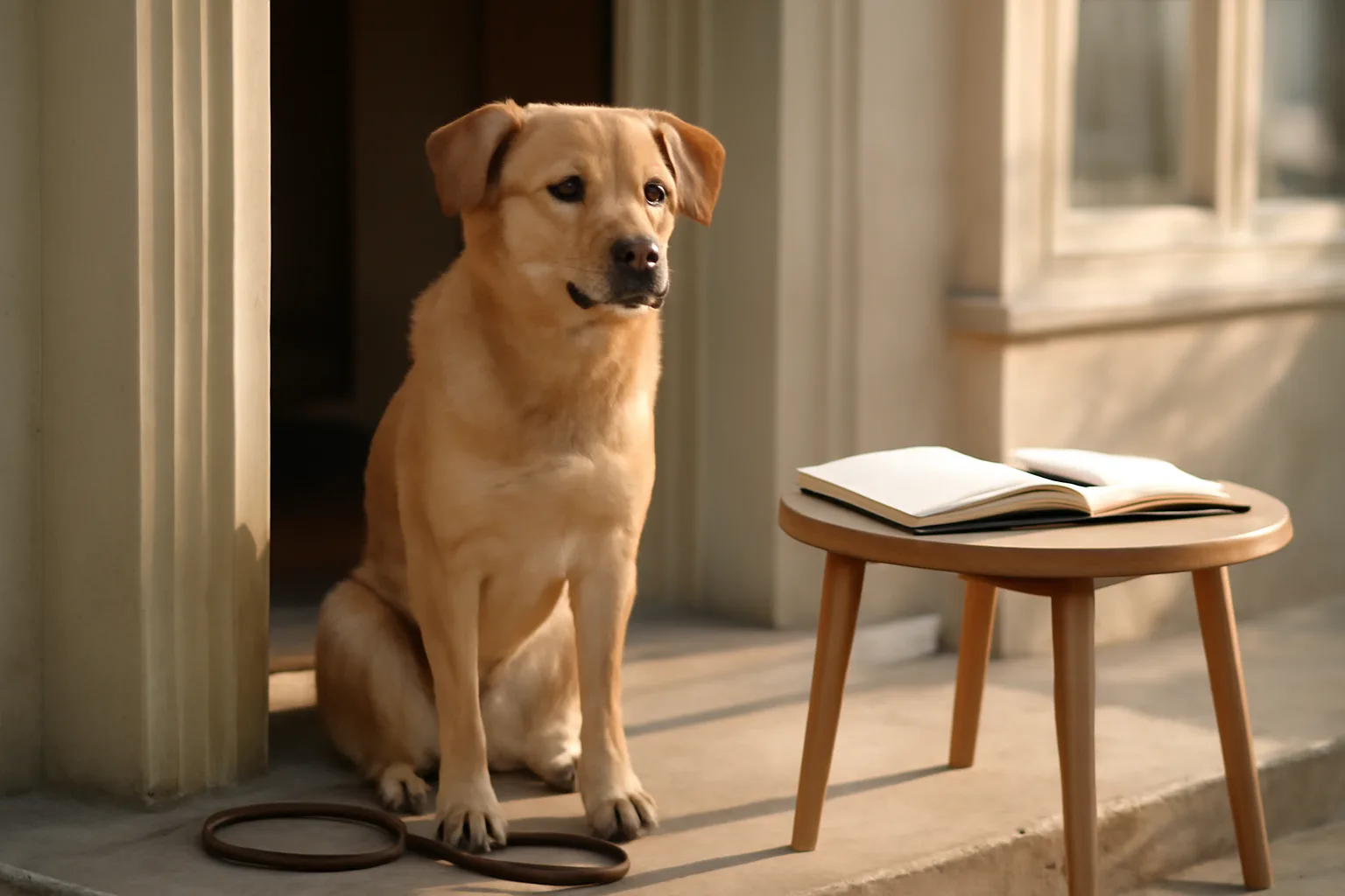Dog sitting calmly near an apartment doorway with a landlord's notebook nearby