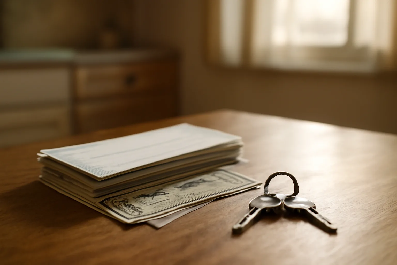 Cash, checks, and keys on a table representing first, last, and security deposit payments