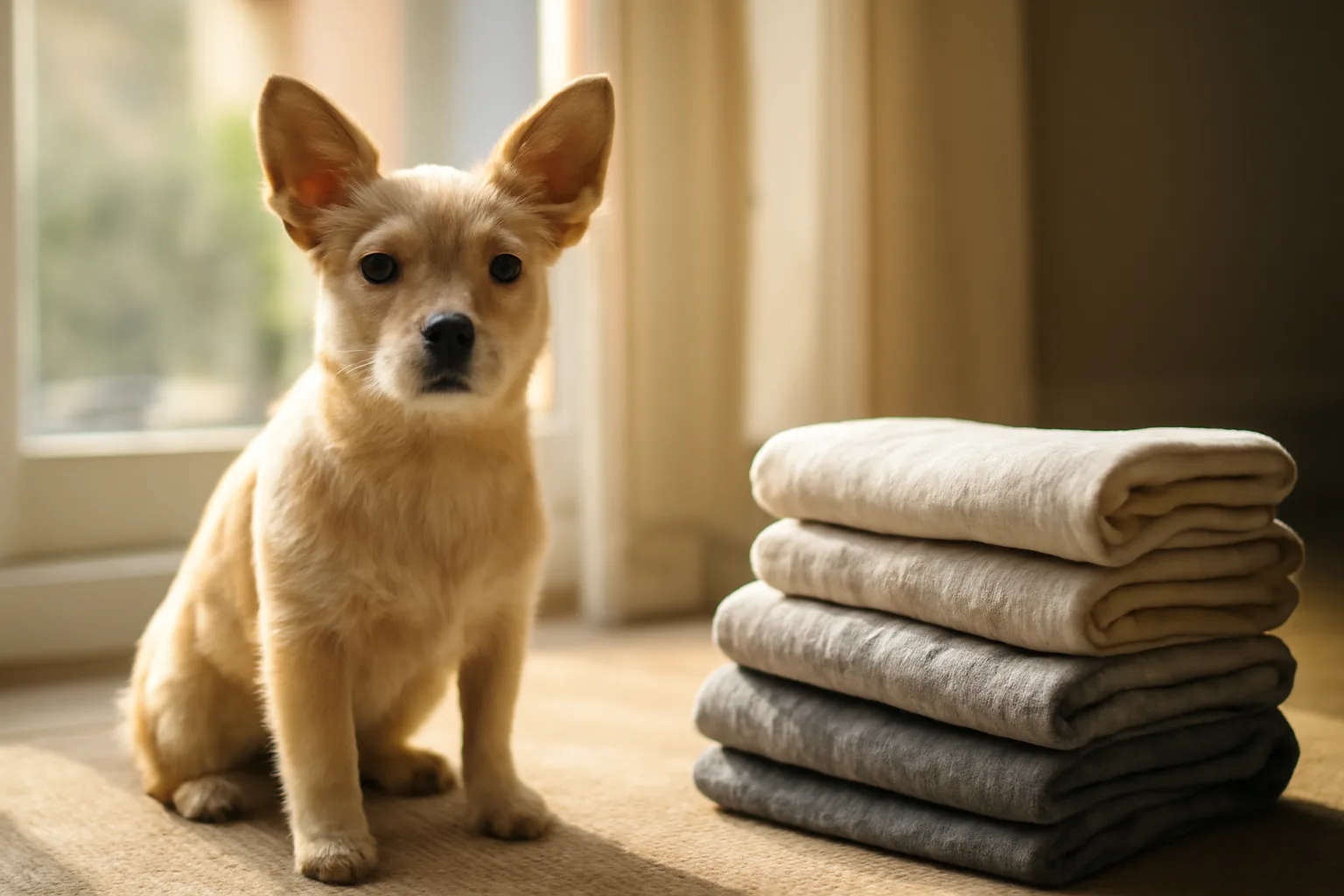 Small dog resting on a rug in a sunlit rental apartment living room