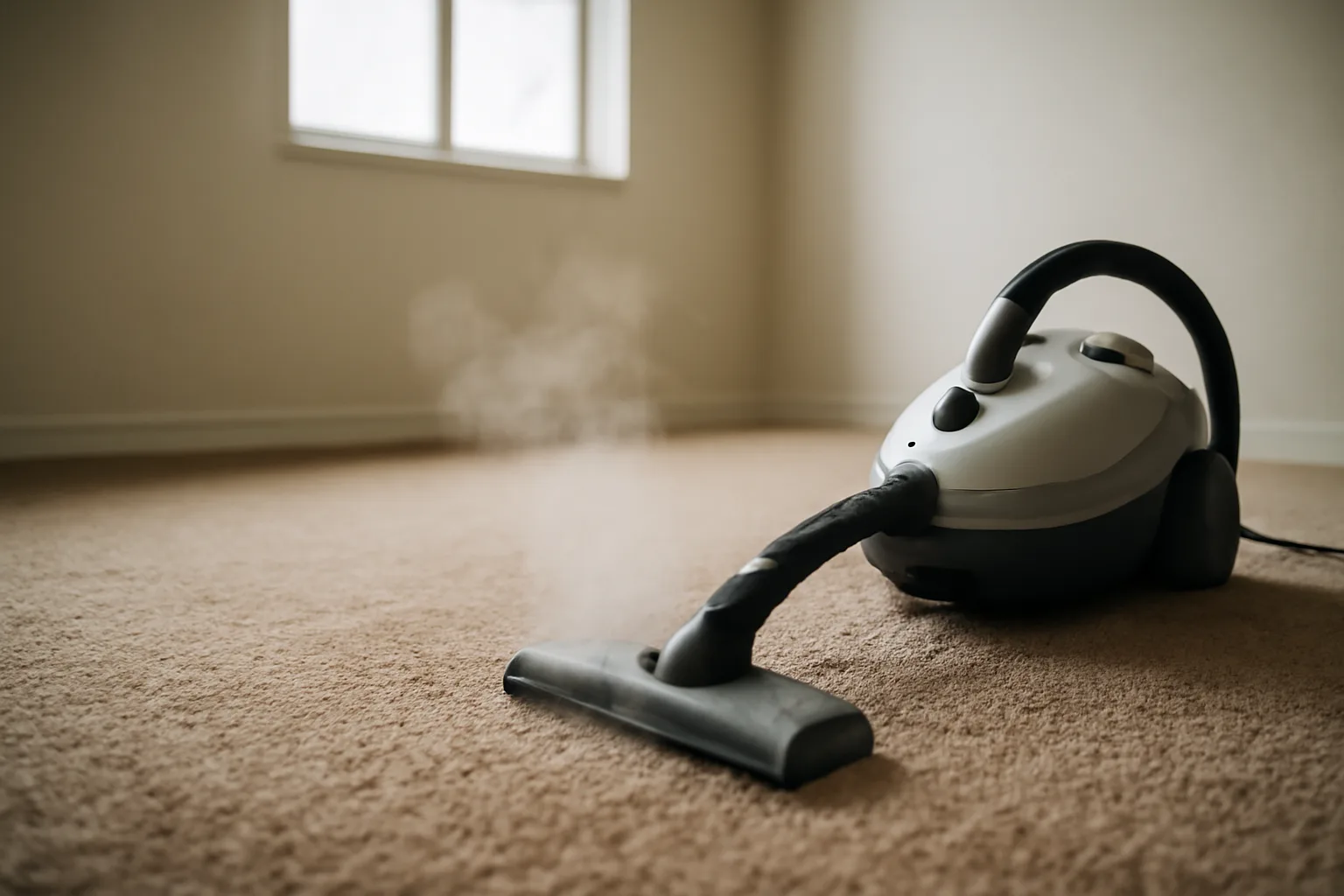 Steam carpet cleaning machine on beige carpet in an empty rental unit