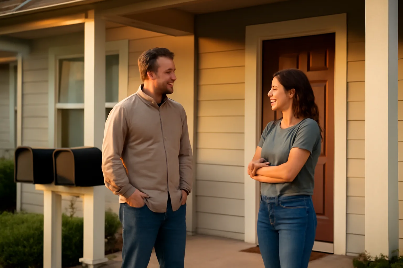 Landlord and tenant talking on a rental duplex porch at sunset
