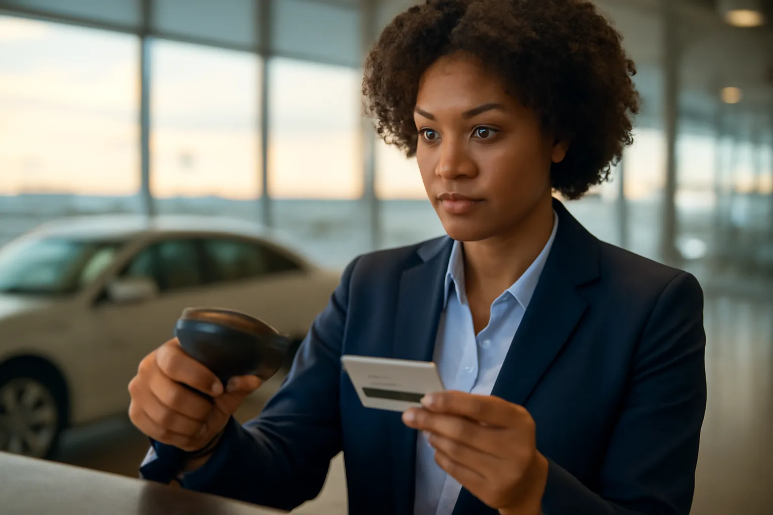 Rental car agent scanning a license barcode to check if it is suspended