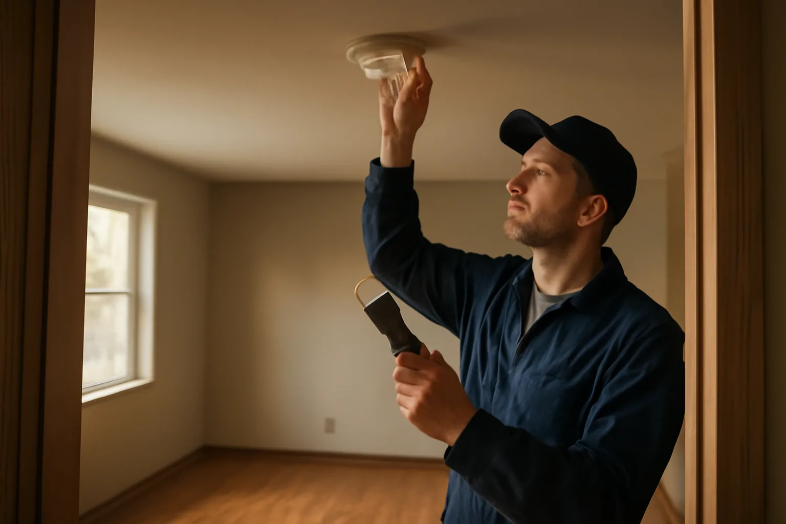 Landlord inspecting a smoke detector in an empty rental unit during a walk-through