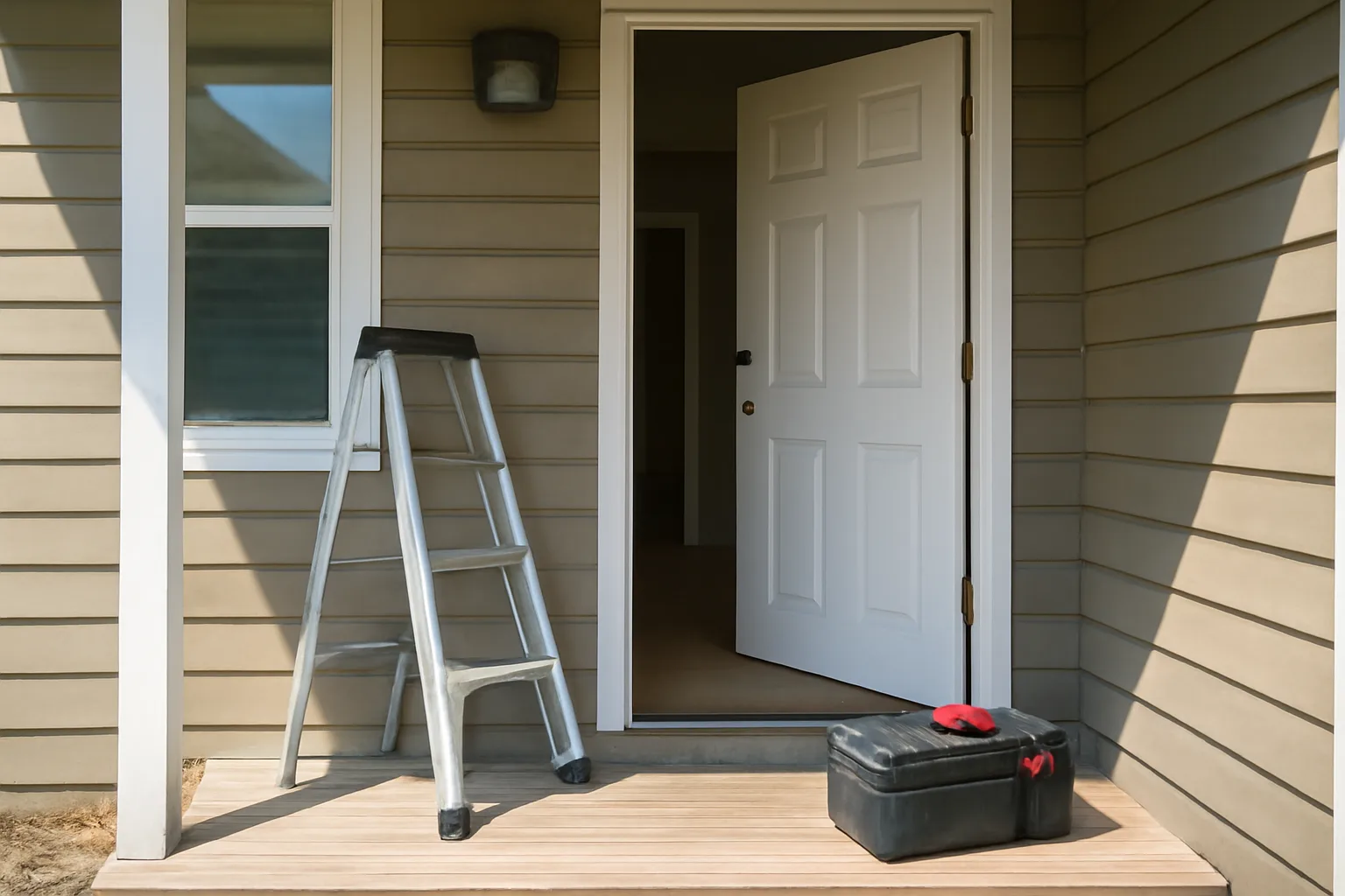 Rental unit entryway with ladder and toolbox before a scheduled inspection