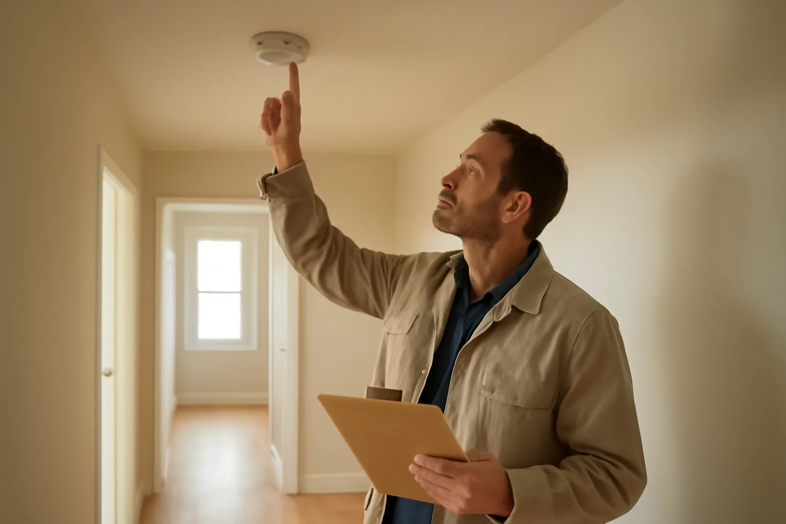 landlord inspecting a smoke detector in an empty rental unit hallway