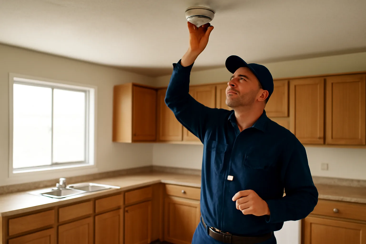 Landlord checking a smoke detector during a rental unit inspection walk-through