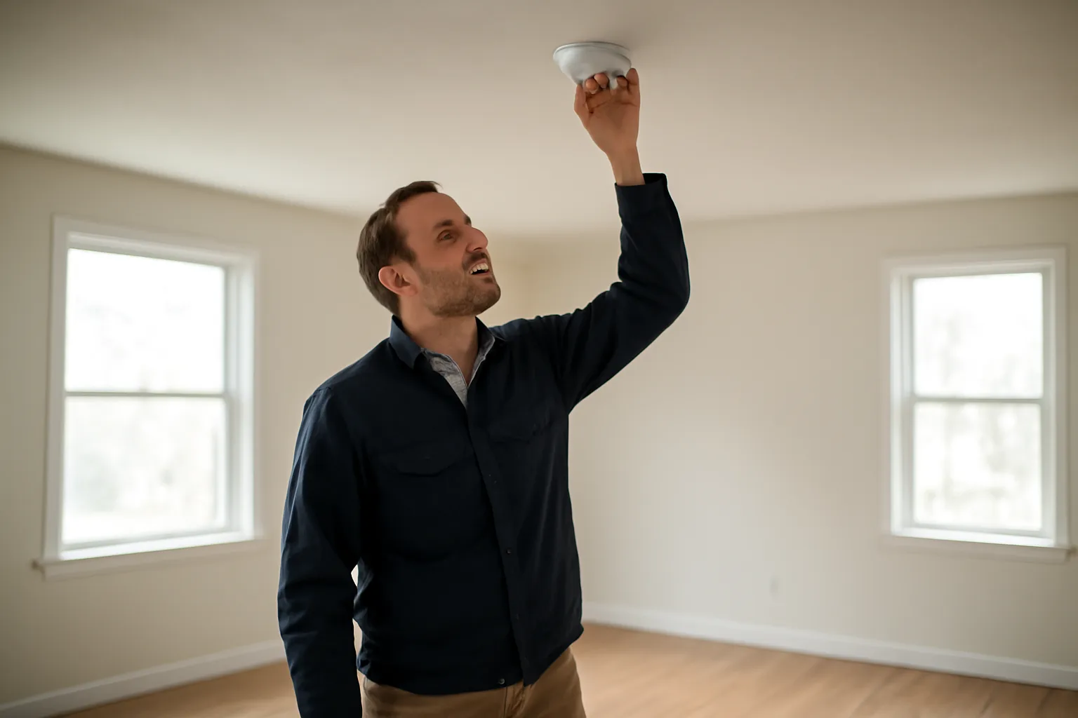 Landlord checking a smoke detector during a rental unit walk-through inspection