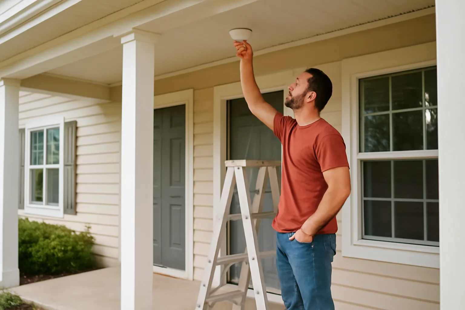 Landlord checking a smoke detector during a rental property inspection walk-through