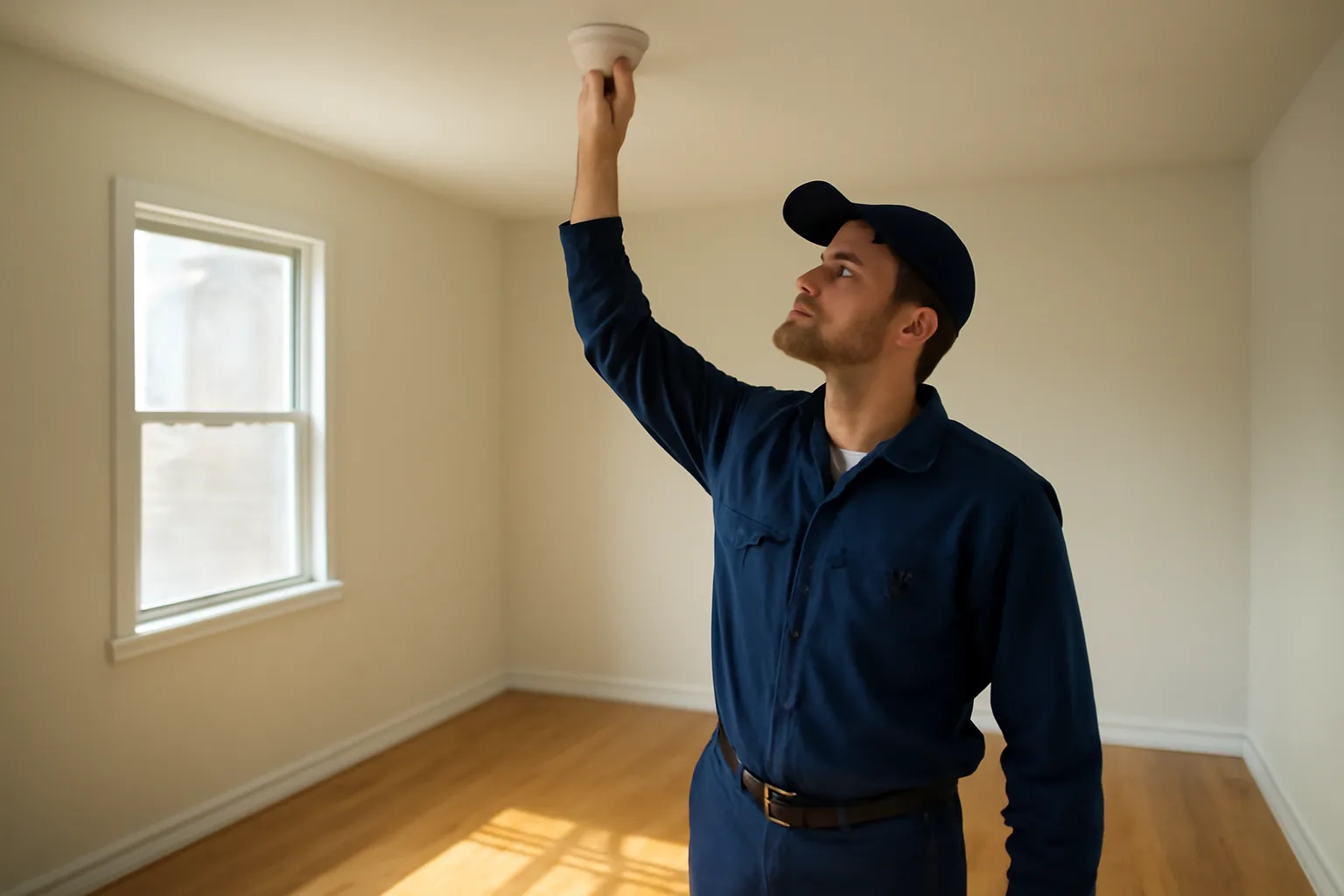 Landlord inspecting a smoke detector during a rental property walk-through