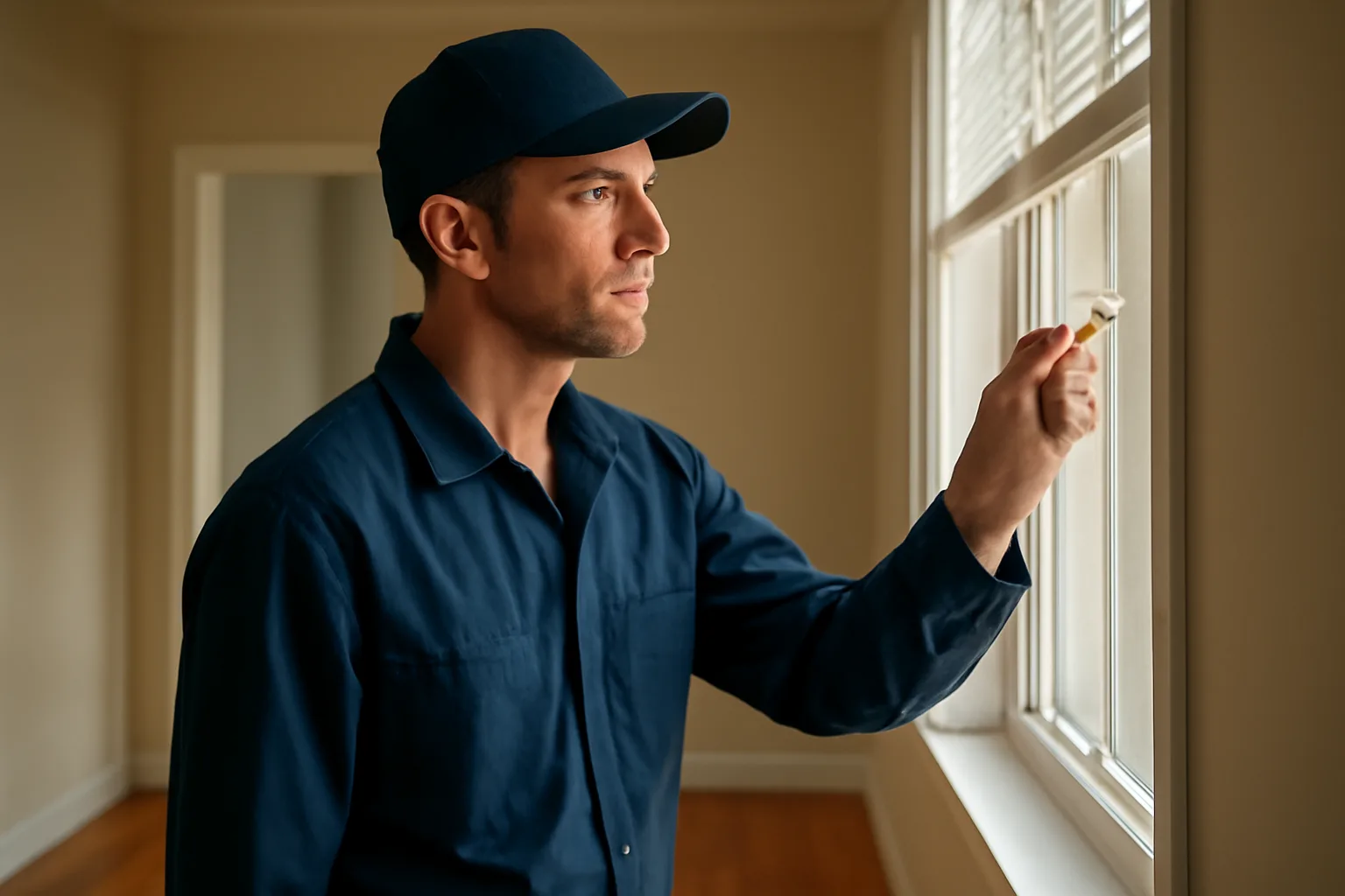Landlord inspecting a window latch in an empty sunlit rental apartment