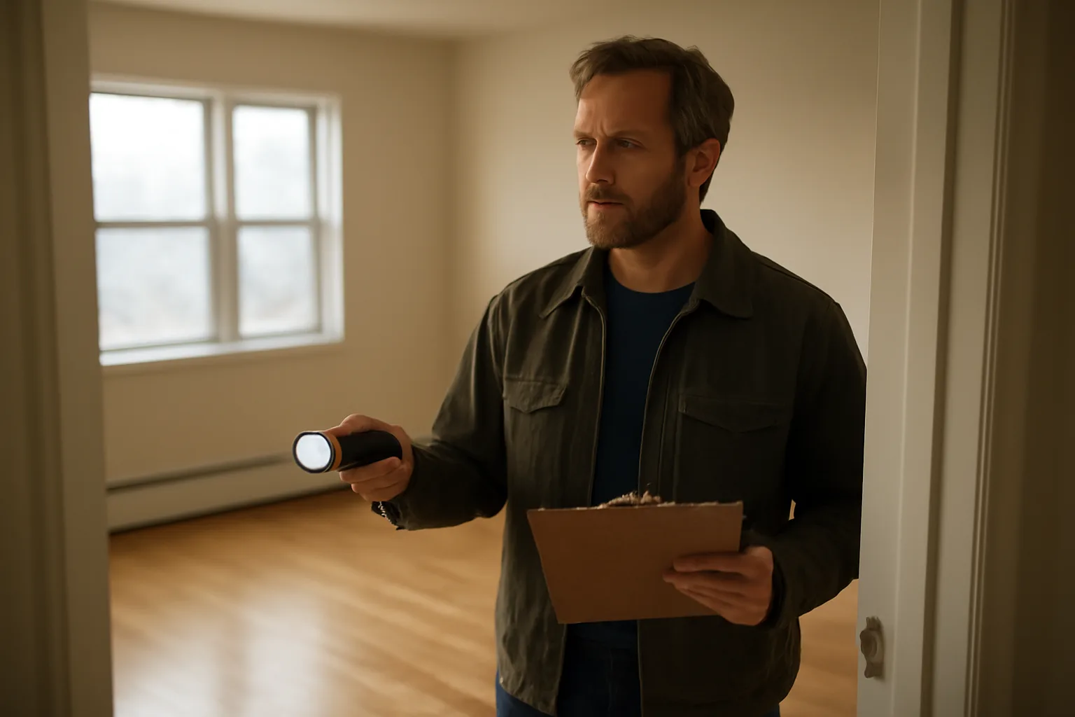 Landlord inspecting an empty rental unit with a flashlight and clipboard in daylight