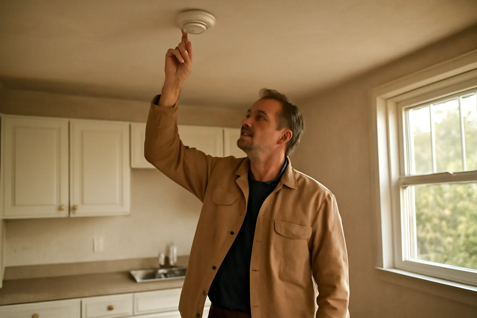 Landlord checking a smoke detector during a rental unit inspection walkthrough