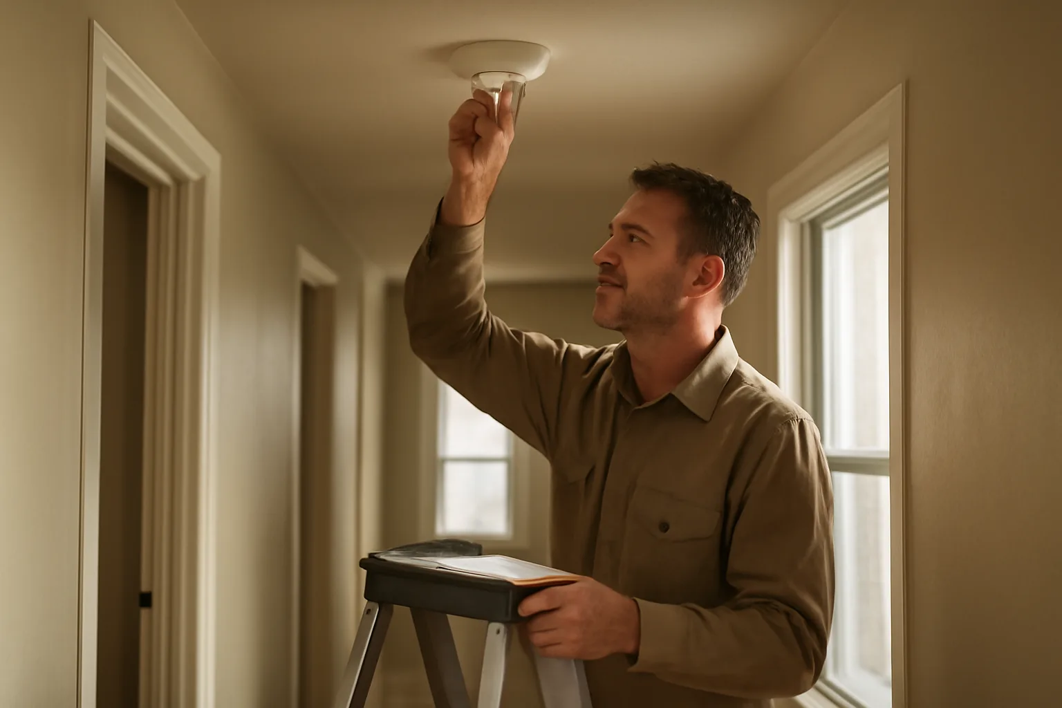 Landlord inspecting a smoke detector during a rental property walk-through