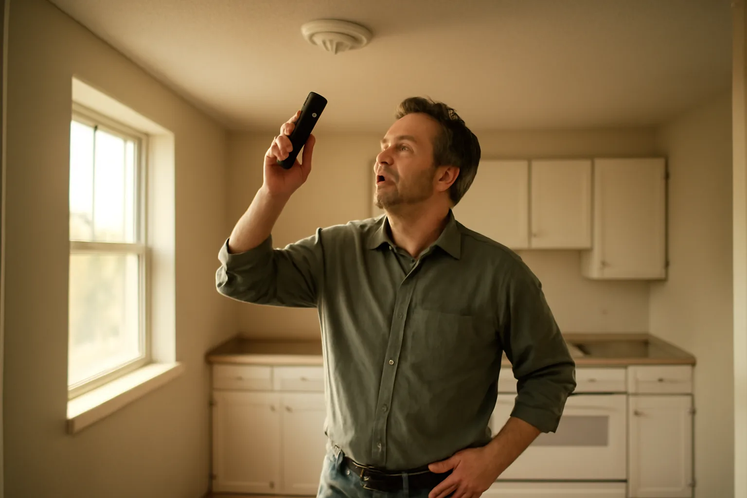 Landlord inspecting a smoke detector during a rental property walkthrough