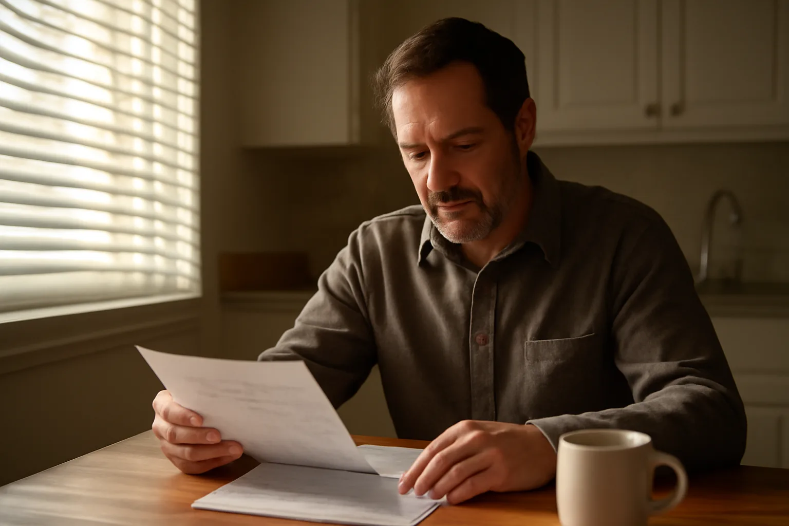 Landlord reviewing pay stubs at a table while evaluating minimum income requirements for a rental applicant