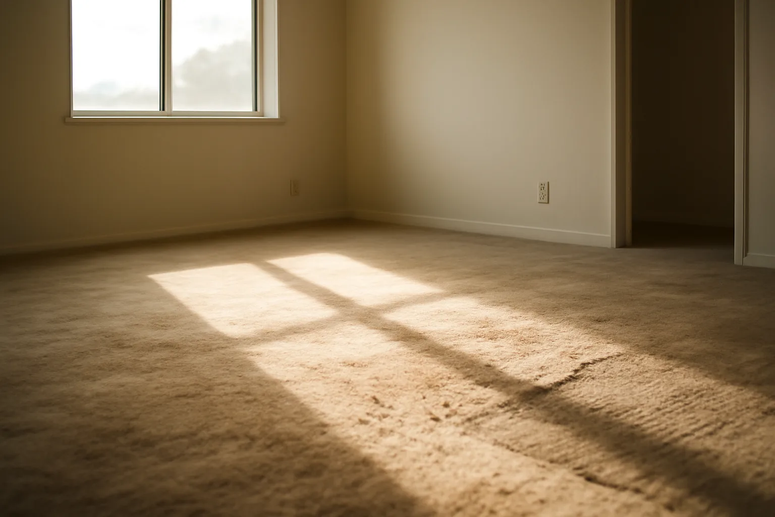 Empty rental bedroom with worn carpet showing normal traffic-path wear near doorway