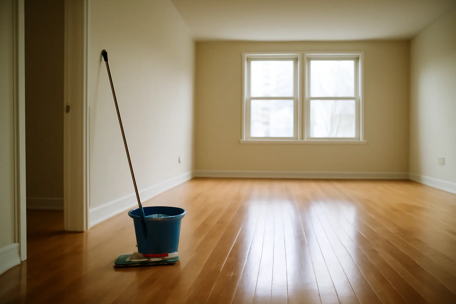 Empty rental apartment room after professional cleaning with mop and bucket by the door