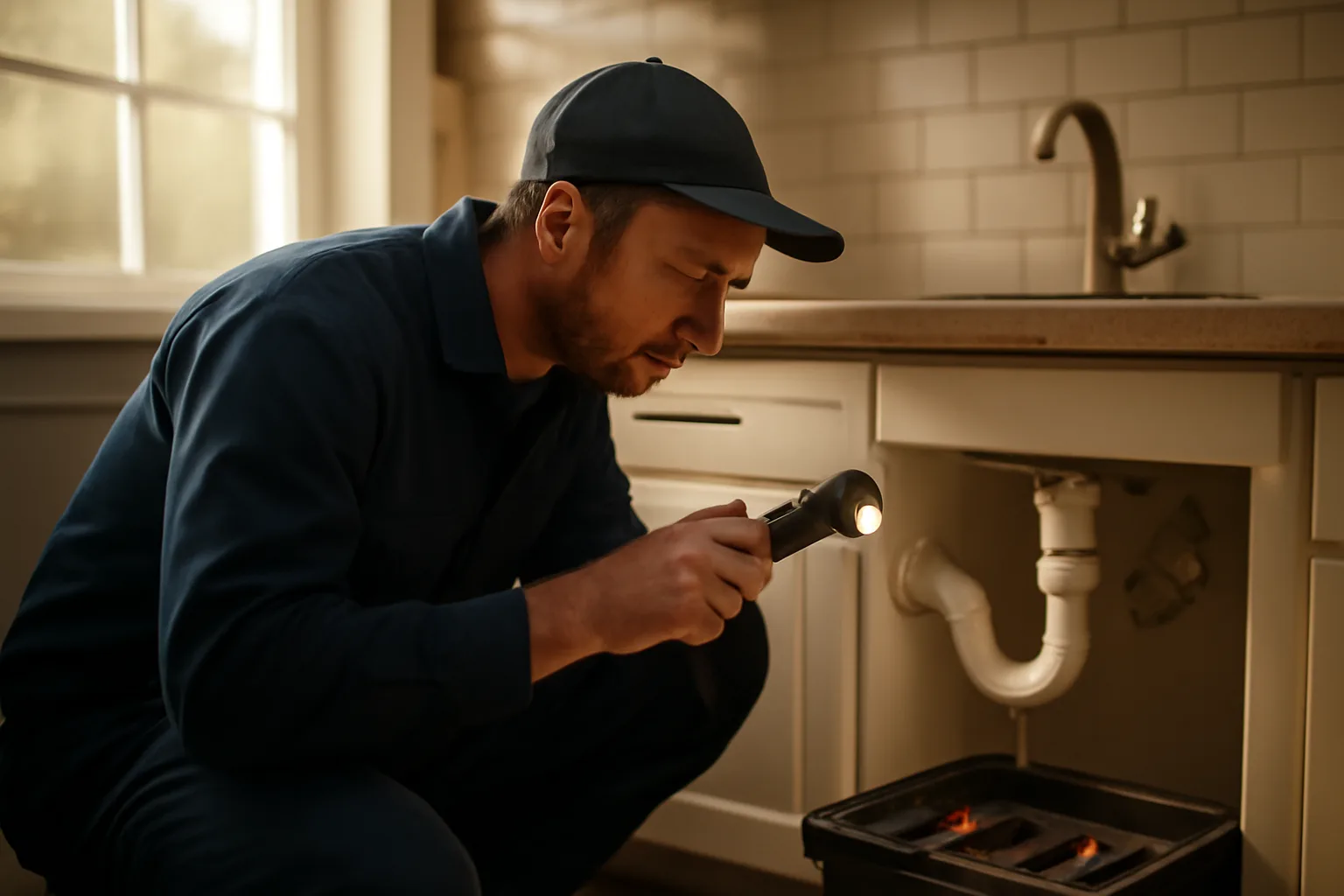 Landlord inspecting a leaking pipe under a kitchen sink with a flashlight and toolbox