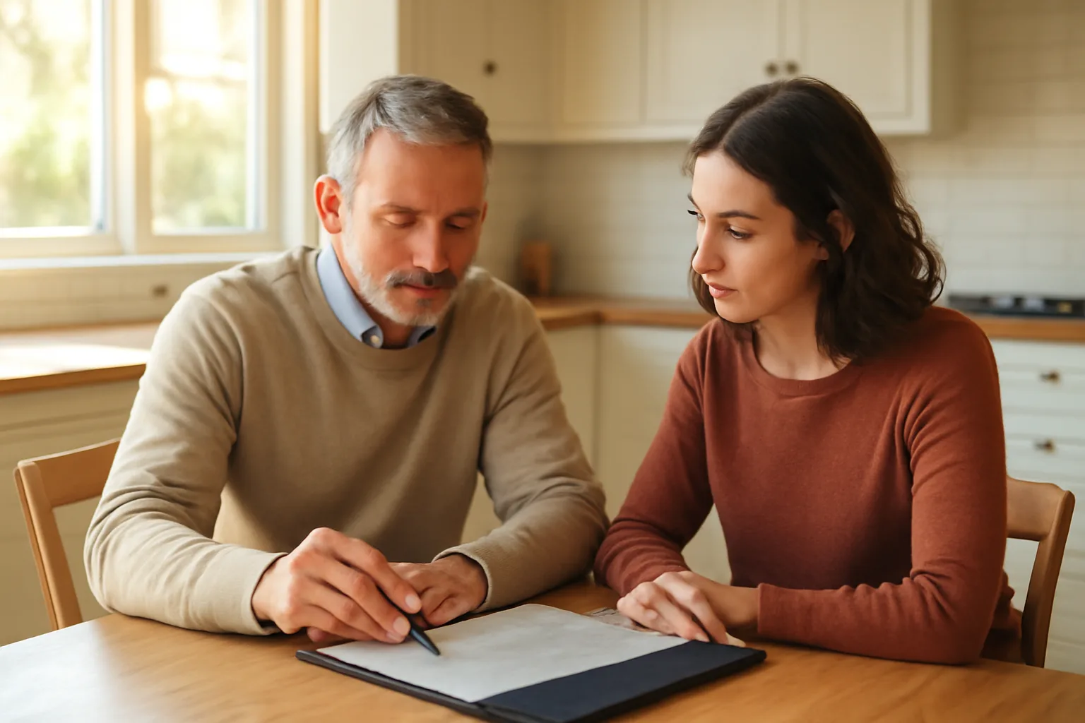 Landlord and tenant reviewing rental application documents at a kitchen table
