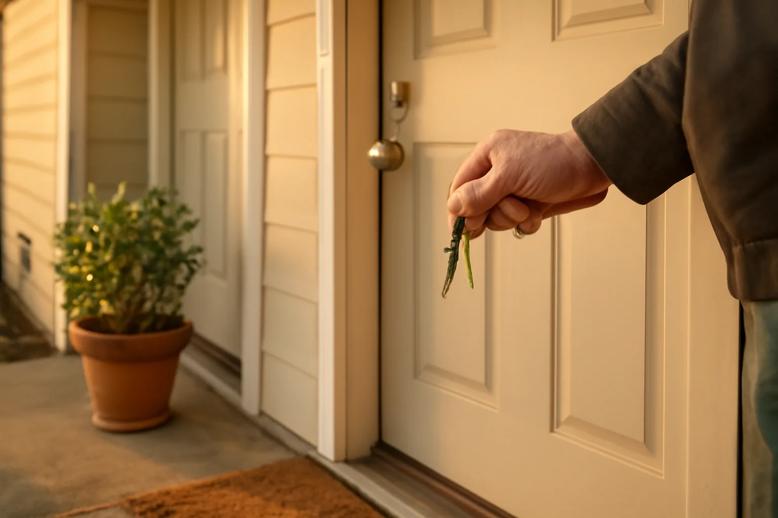 Landlord standing at a rental duplex entrance holding keys at sunset