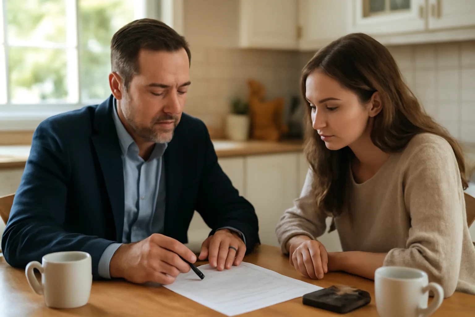 Landlord and applicant reviewing a rental application at a kitchen table