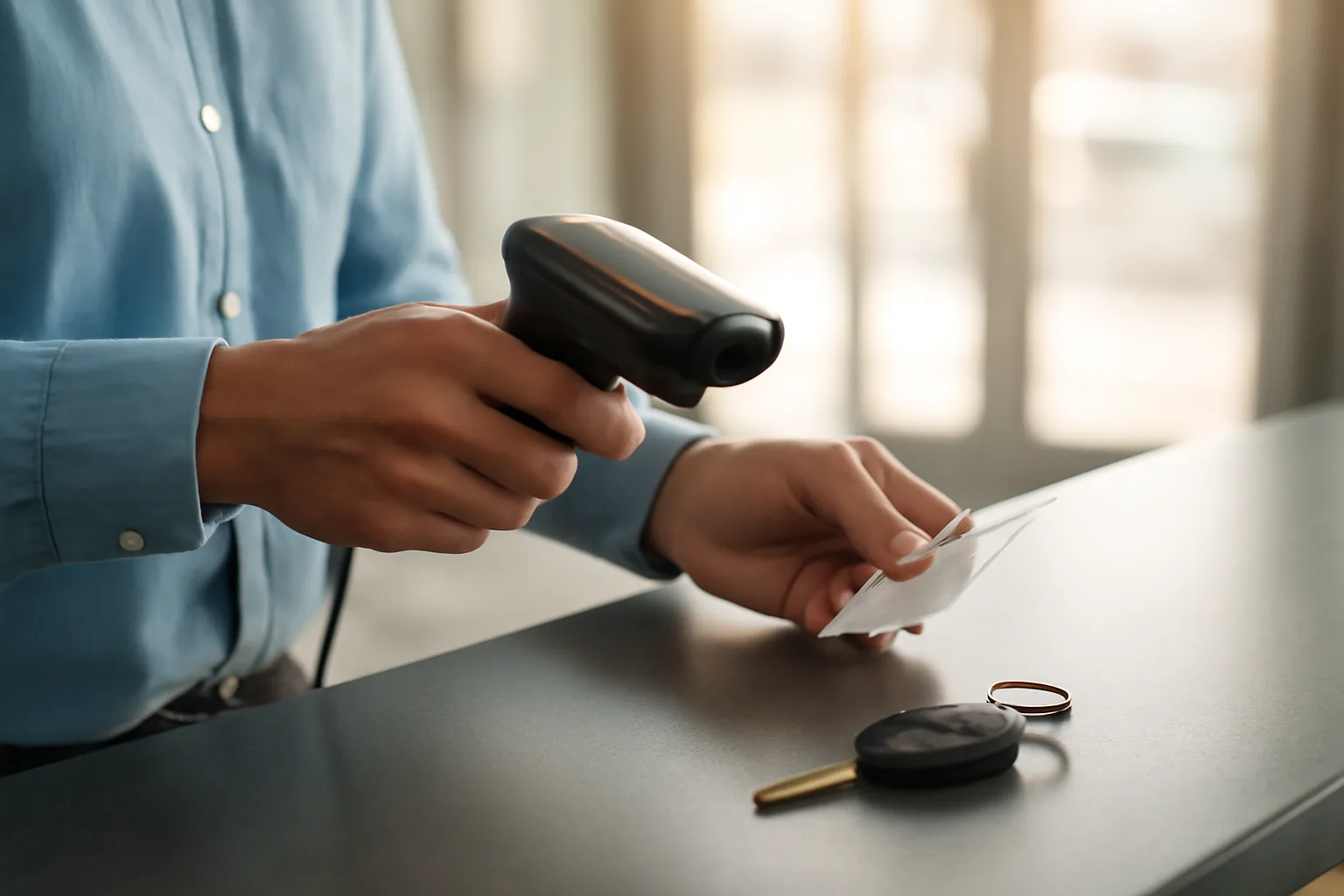 Rental car counter agent scanning a driver's license to check if it is suspended