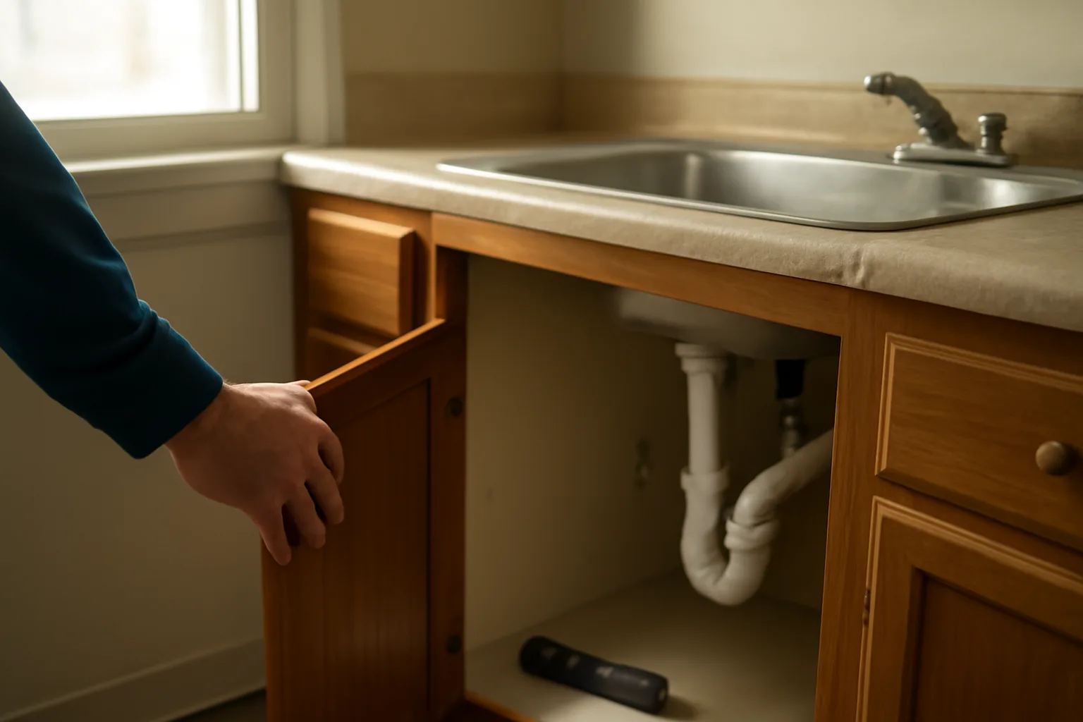 Inspector opening a kitchen cabinet under the sink during a rental inspection