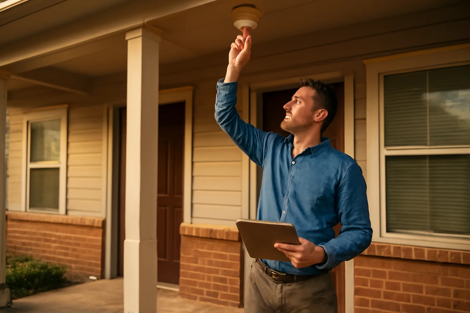 Landlord inspecting a smoke detector during a routine rental property walk-through