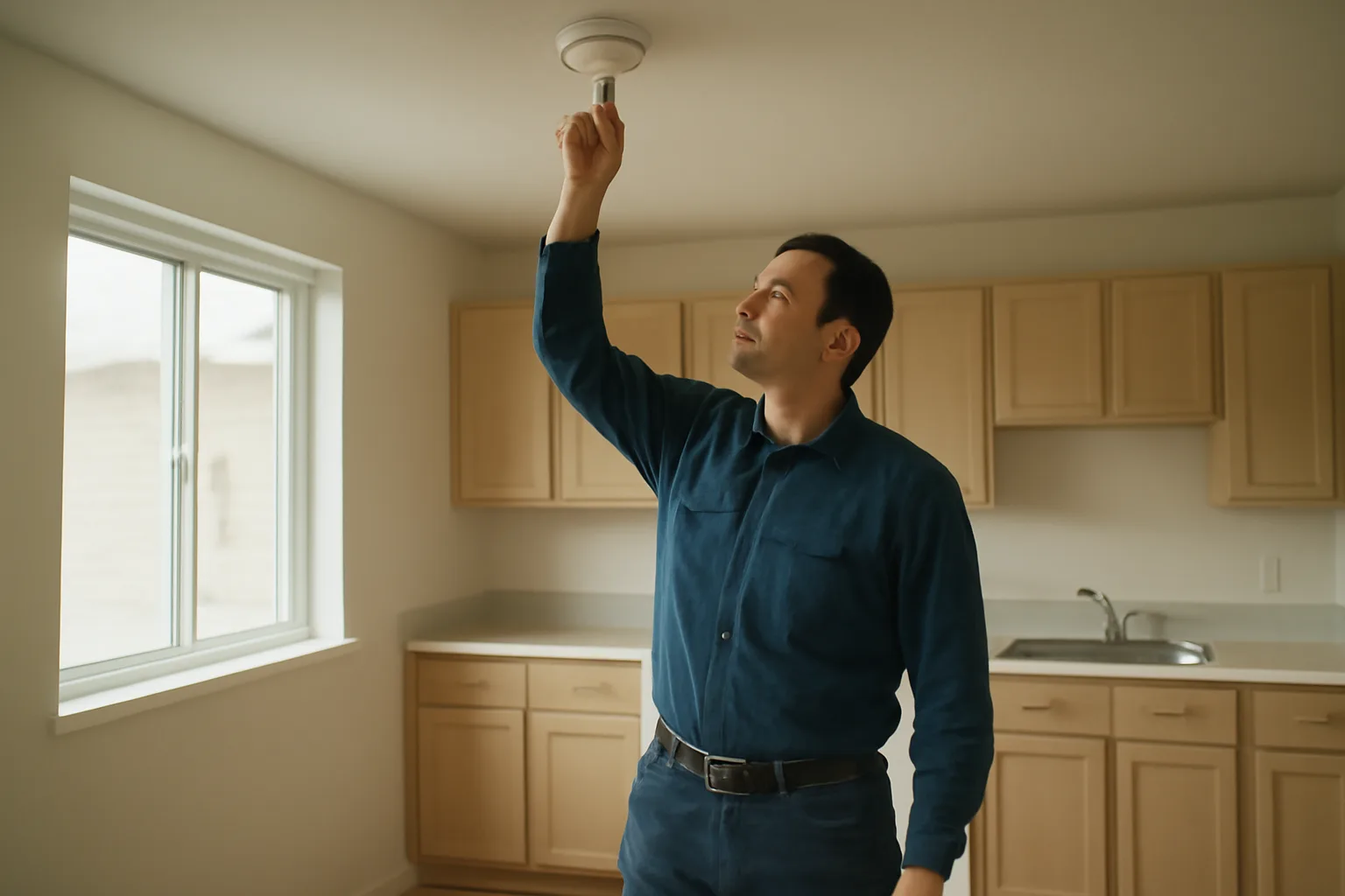 Landlord inspecting a smoke detector in an empty rental unit kitchen