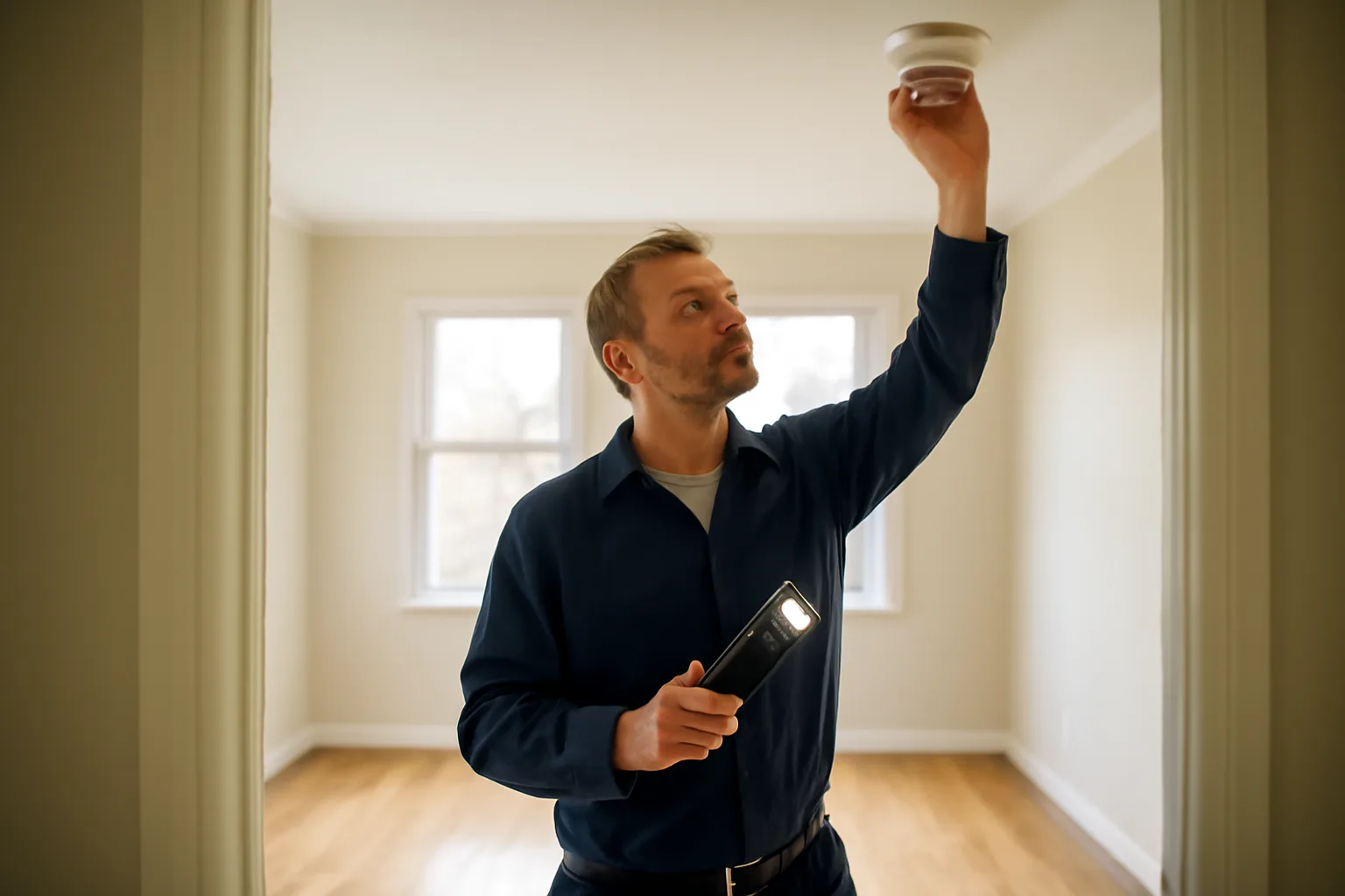 Landlord inspecting a smoke detector in an empty rental unit before city inspection