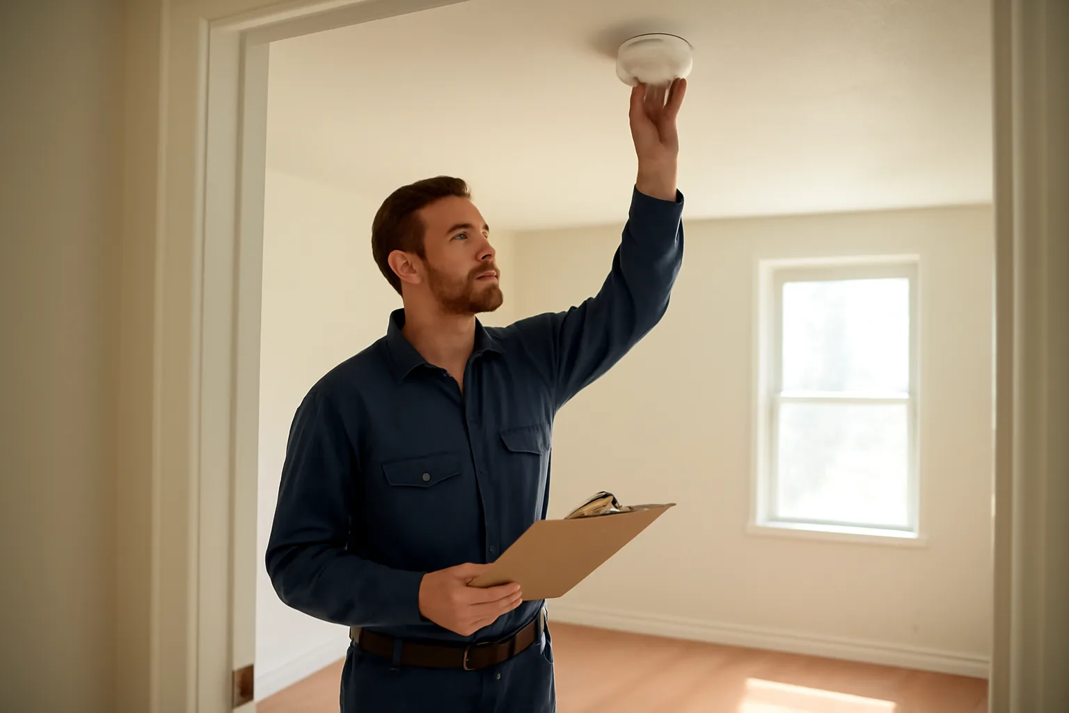 Landlord inspecting a smoke detector during a rental unit walk-through inspection