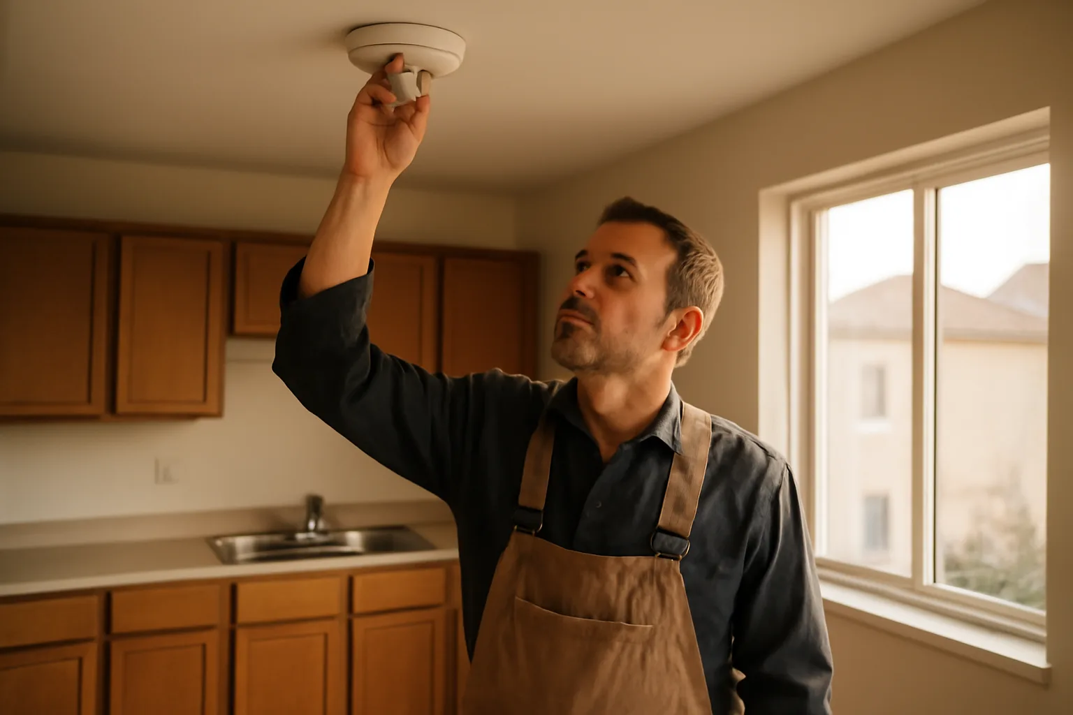 Landlord checking a smoke detector during a rental unit inspection