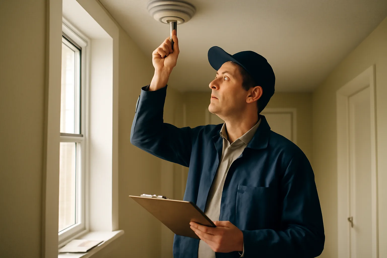 Landlord standing on a stepladder testing a smoke detector during a rental inspection