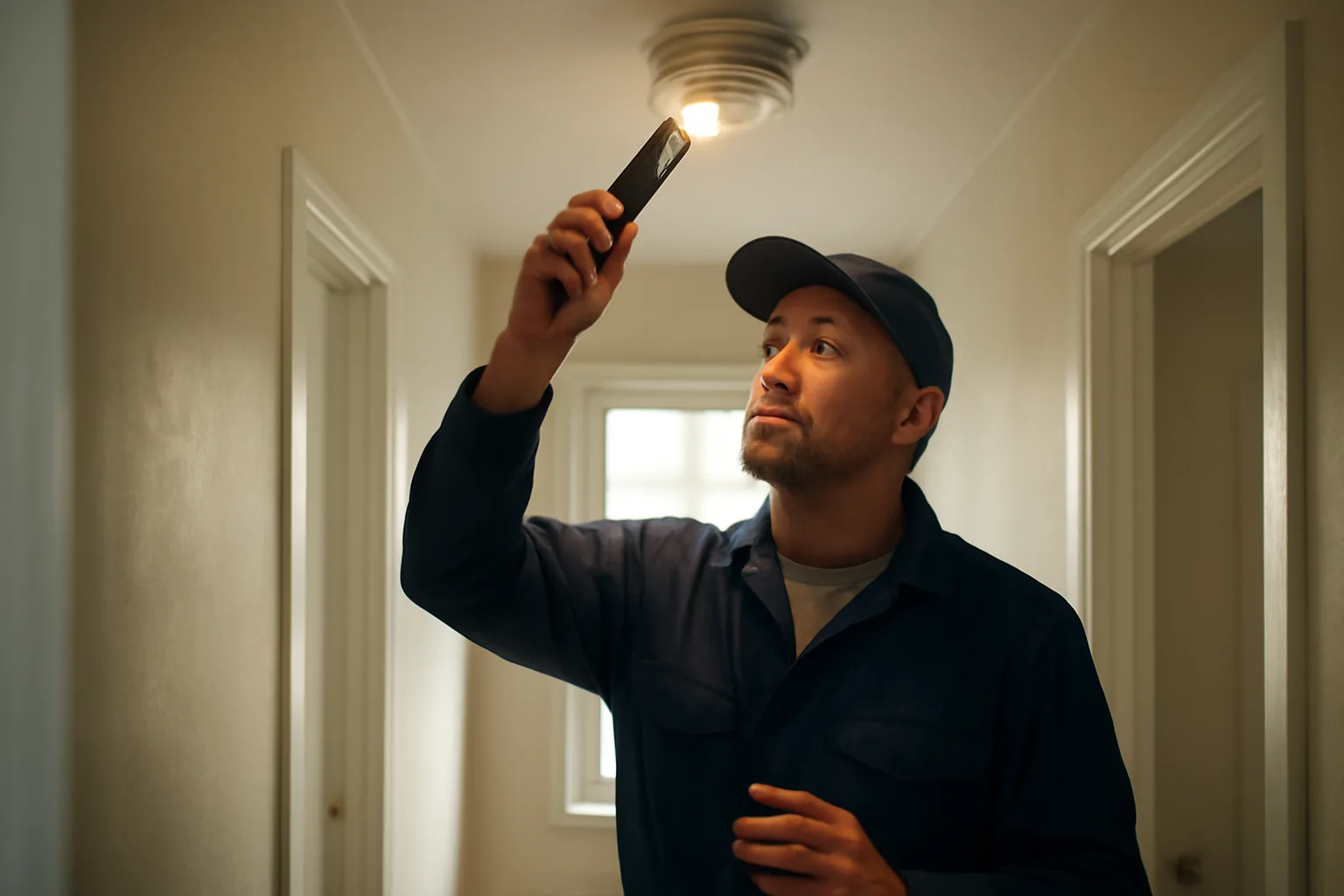 Landlord inspecting a smoke detector in a rental unit during a compliance check