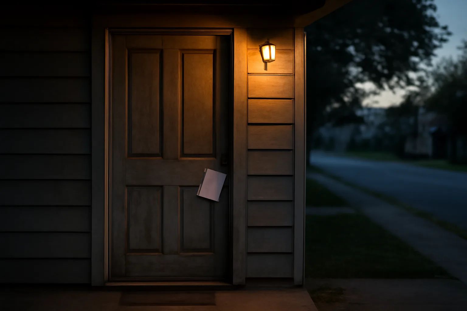 Rental property front door at dusk with a notice tucked into the frame