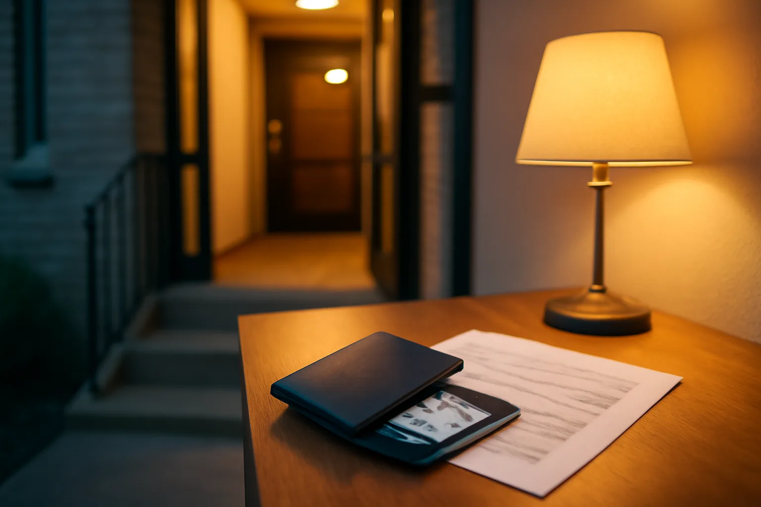 Passport and state ID card on a desk near a rental lease, no driver's license