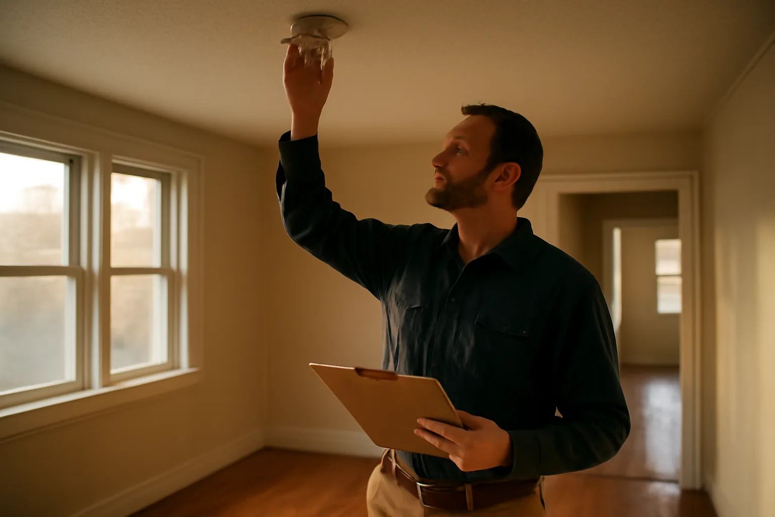 Landlord inspecting a smoke detector in an empty rental apartment during a walk-through