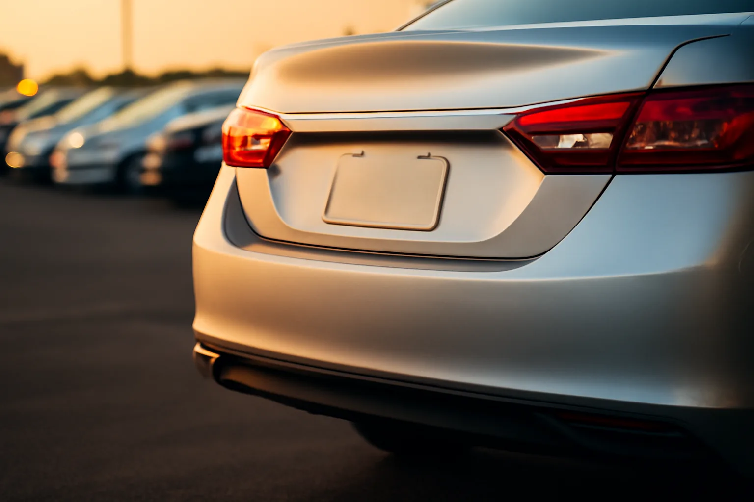 Close view of a rental car's rear license plate holder in evening light