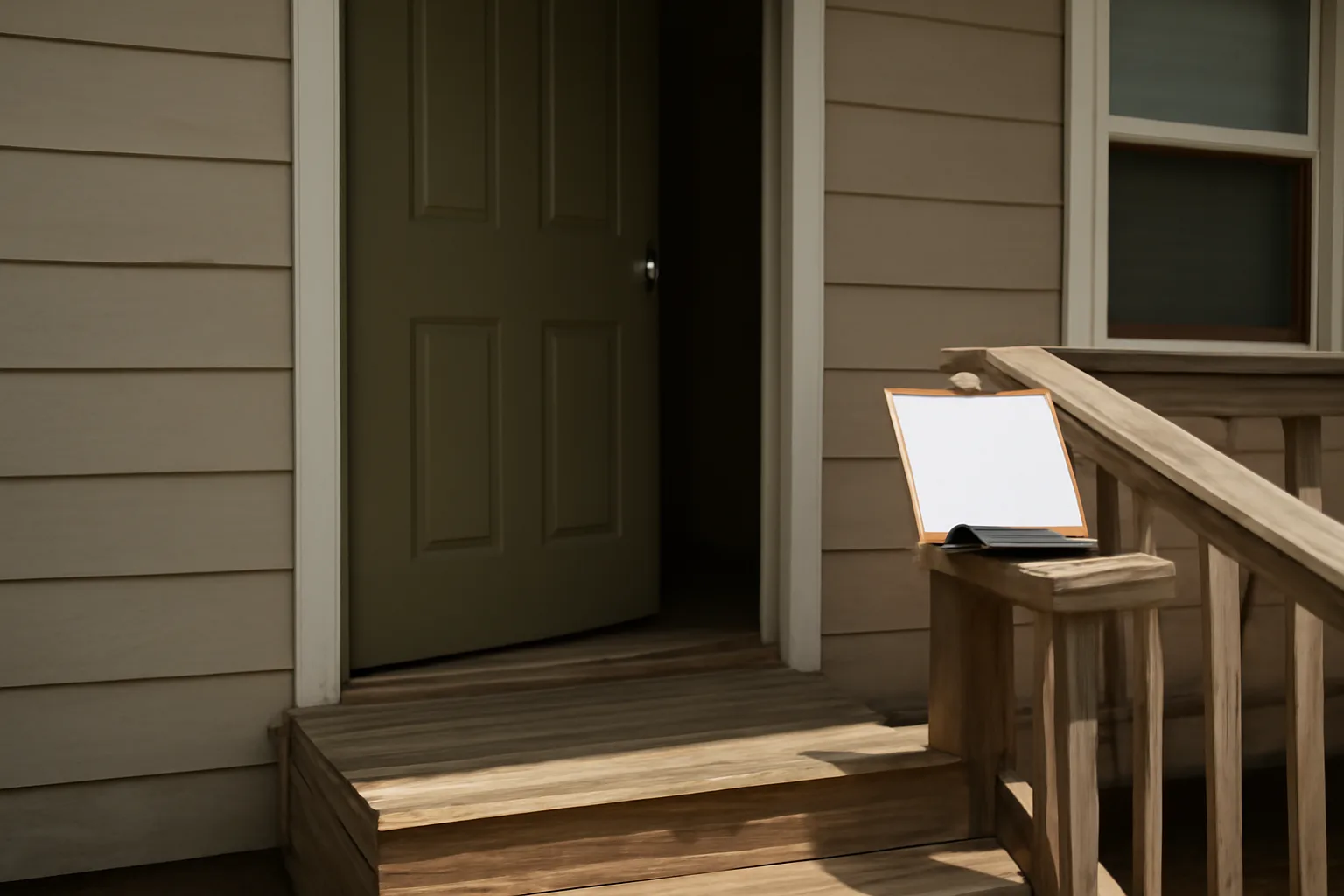 Duplex front door ajar with inspection clipboard on porch railing in daylight