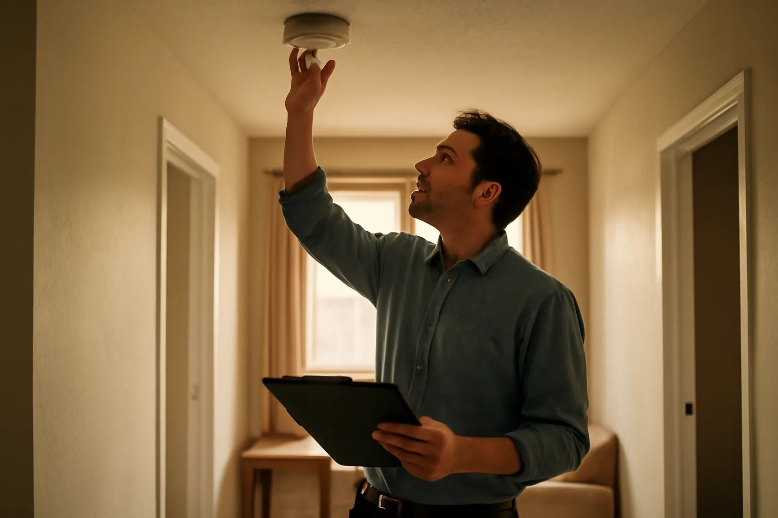 Landlord checking a smoke detector during a rental property inspection walk-through