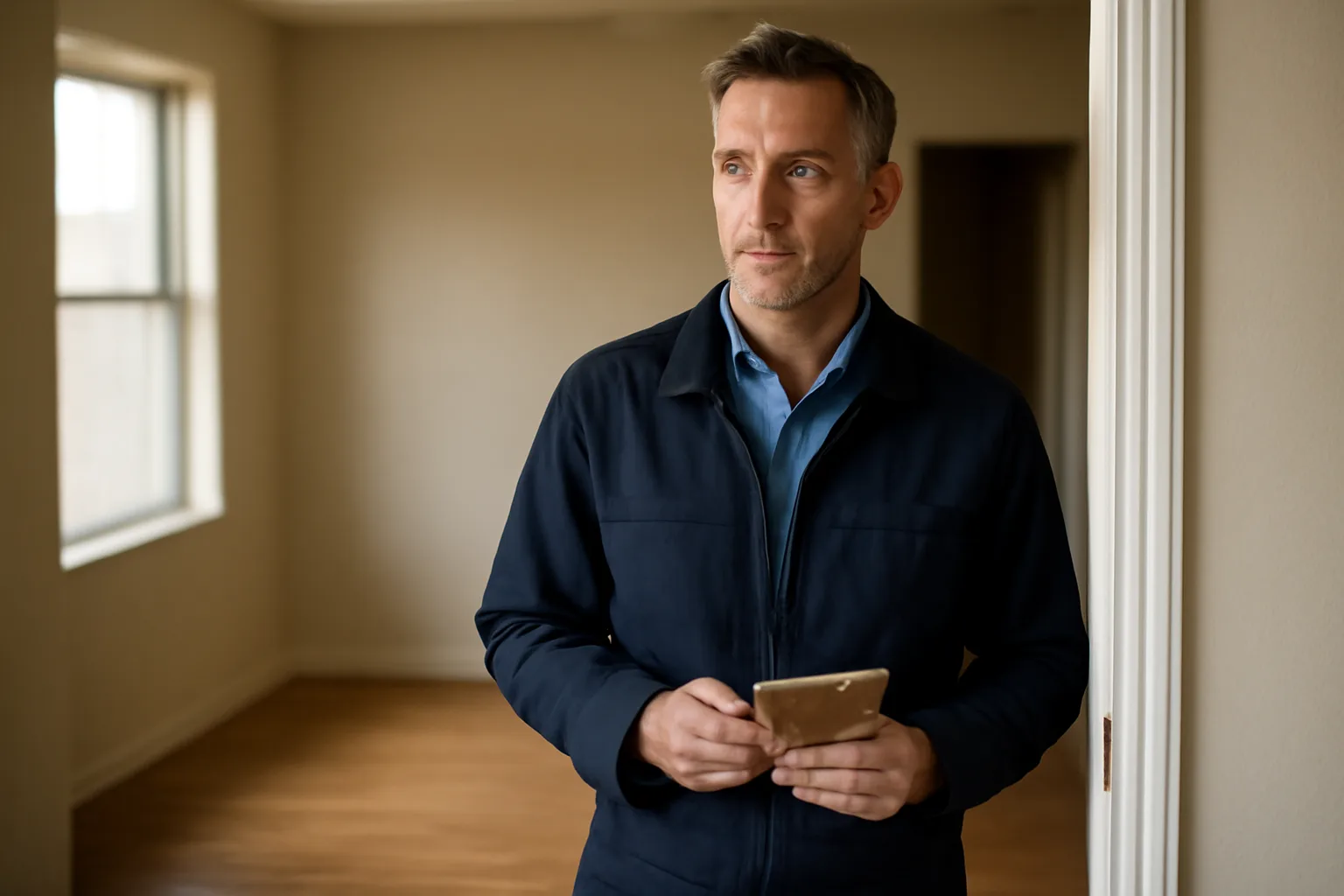 Landlord standing in doorway of empty rental unit during a walk-through inspection