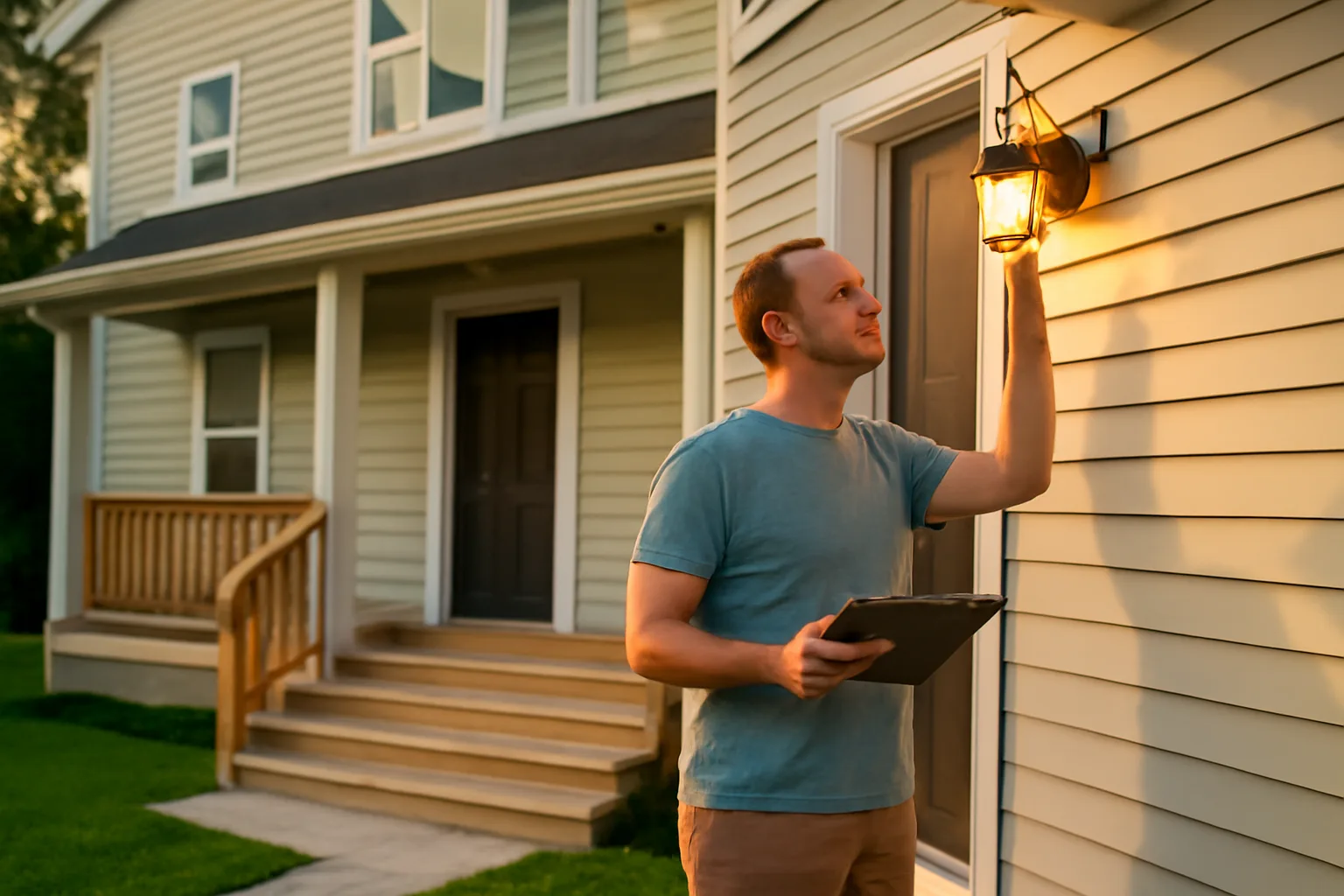 landlord inspecting exterior light fixture at a small rental duplex at dusk