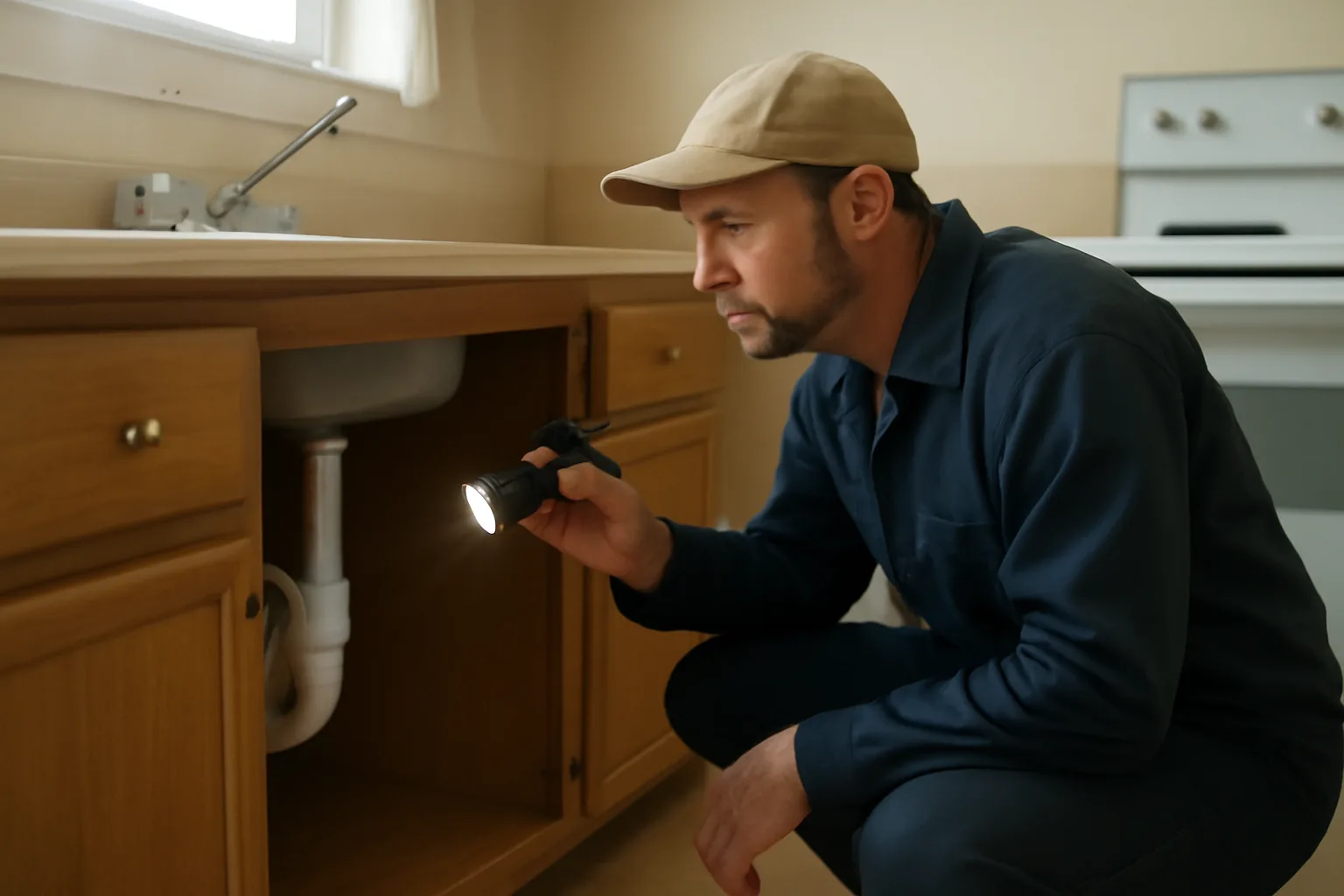 Landlord checking under-sink plumbing during a rental property inspection
