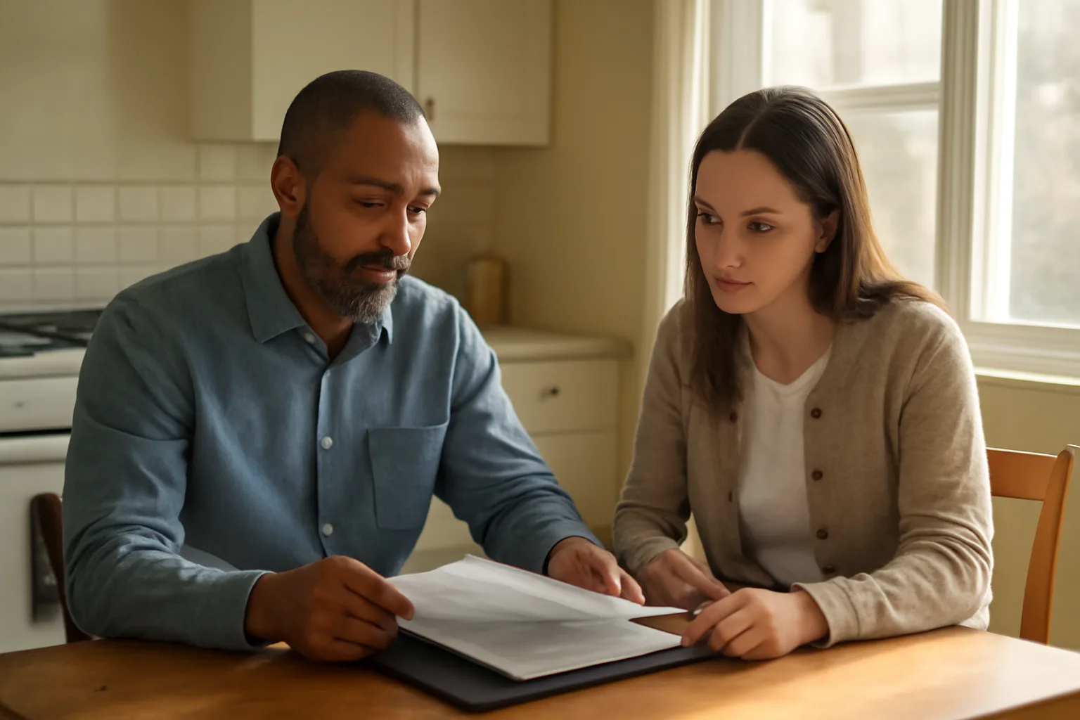 Landlord and tenant reviewing rental application documents at a kitchen table